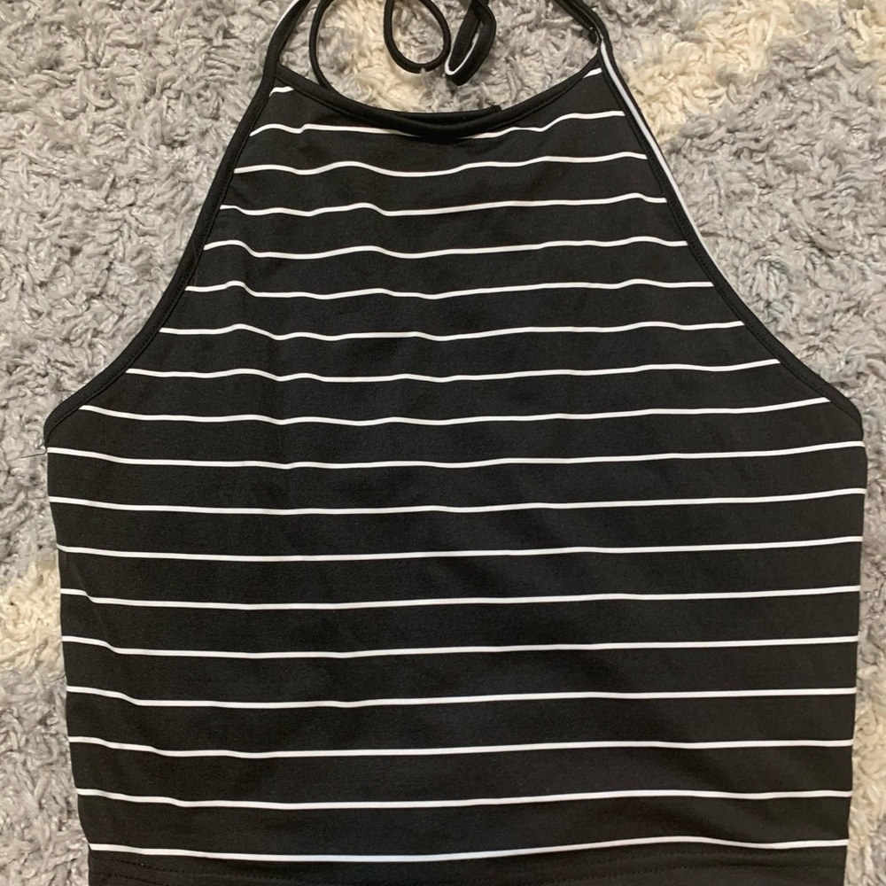Cute black and white striped halter crop top